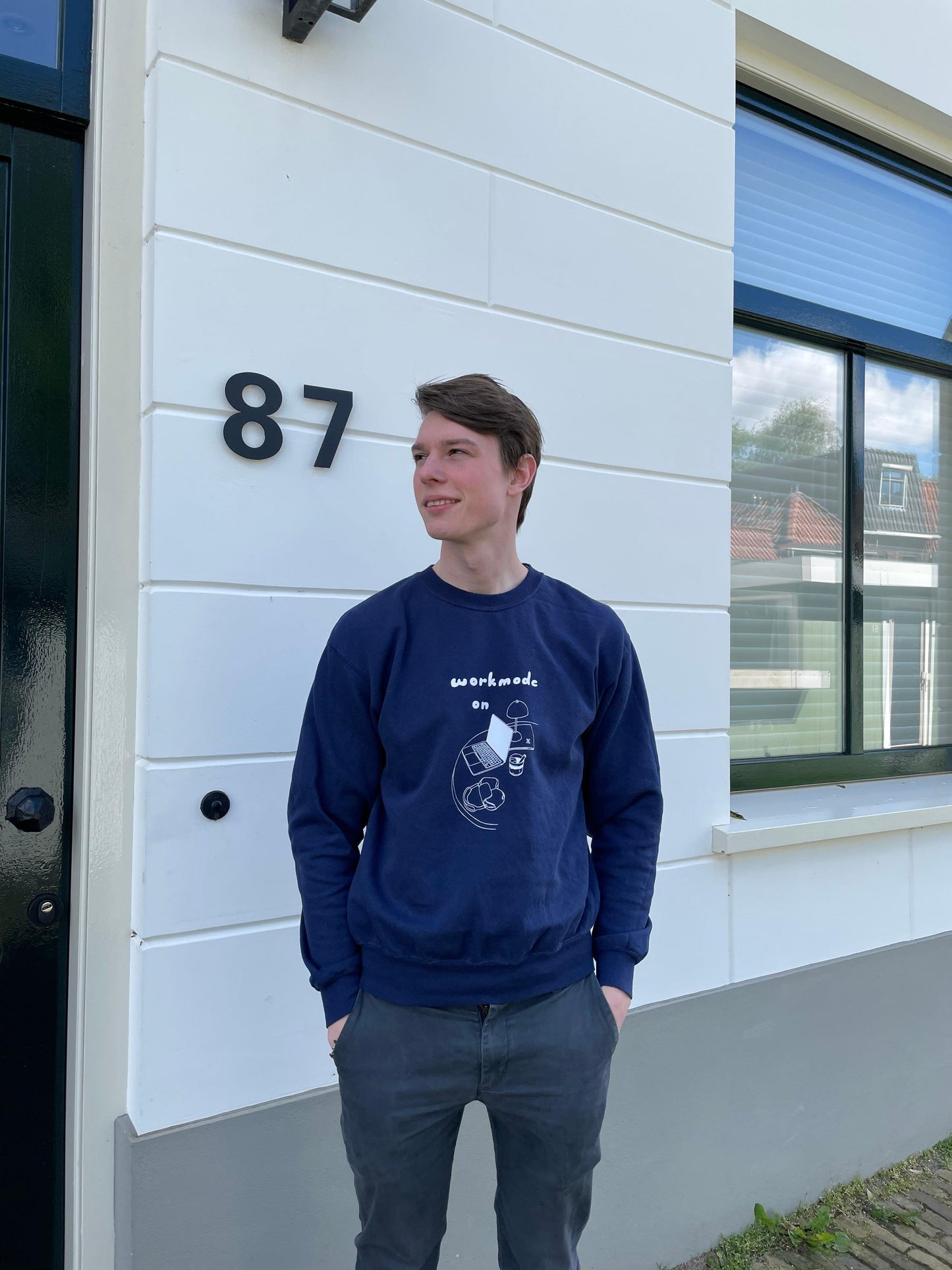 Navy blue sweater handmade stands for gratitude